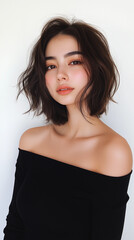 Naklejka premium Beautiful woman with bob cut hair posing in front of white background