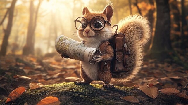 A cute squirrel with glasses, a map, and a backpack exploring a forest in autumn.