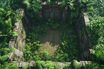 Aerial View of Ancient Stone Ruins Overgrown by Lush Jungle Vegetation