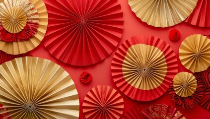Chinese New Year celebration. Banner design with red paper fans decorations on red background..Chinese New Year celebration. Banner design with red paper fans decorations on red background