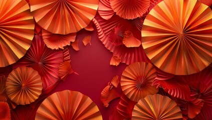 Obraz premium Chinese New Year celebration. Banner design with red paper fans decorations on red background..Chinese New Year celebration. Banner design with red paper fans decorations on red background
