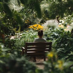 woman sitting on a park bench in a lush garden