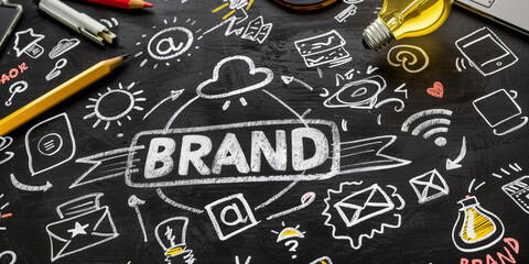 Brand is a word that is written on a chalkboard. The chalkboard is covered in drawings and symbols, which give the impression of a brainstorming session or a creative project