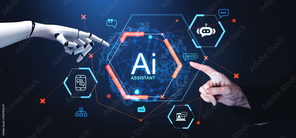 Poster ai assistant concept with robotic and human hands pointing at holographic icons on futuristic digita