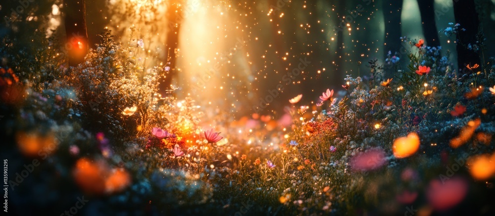 Poster magical forest glade with sunlight filtering through the trees and illuminating a field of wildflowe