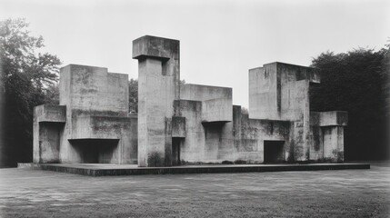 Abstract concrete structure in a park, monochrome.