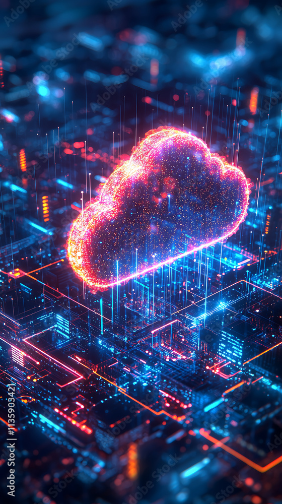 Poster futuristic glowing digital cloud hovering over virtual data network