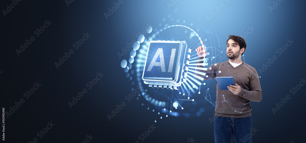 Poster man interacting with ai holographic interface while using a tabl