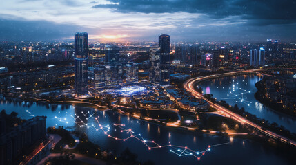 Smart digital Innovation city with connection network reciprocity over the cityscape. of future smart wireless digital city and social media networking systems that connects people with in city