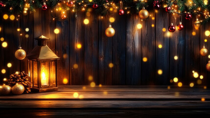 Christmas lights and pine branches, wooden background