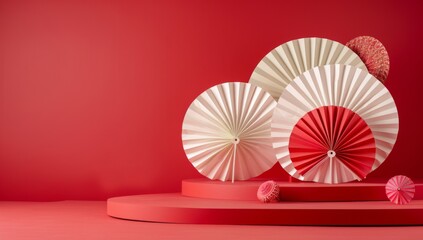 Chinese New Year celebration. Banner design with red paper fans decorations on red background..Chinese New Year celebration. Banner design with red paper fans decorations on red background