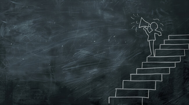 Chalkboard with a drawing of a person on top of a staircase with an upside down megaphone