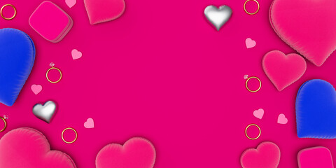 Obraz premium Valentine's Day-themed arrangement with hearts, rings, and gift boxes on a vibrant pink background. 3D Rendering
