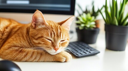 Ginger Cat Napping Peacefully On Office Desk