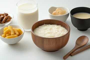 Healthy Breakfast Spread Featuring Rice Porridge, Fresh Fruit, Milk, and Sweet Condiments for Nutritious Morning Meal