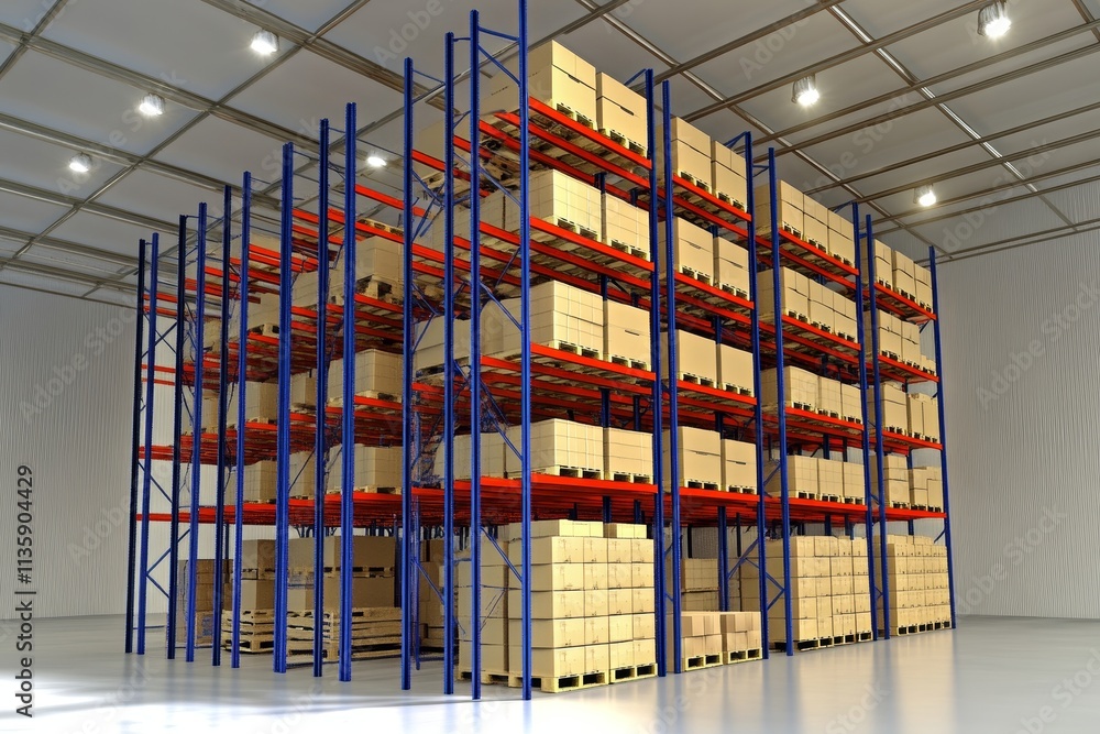 Poster modern warehouse interior with high racking system and neatly stacked boxes for efficient storage an