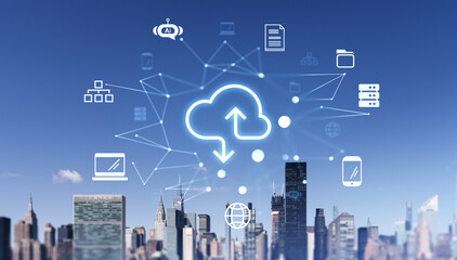 Cloud computing network concept over Manhattan skyline.