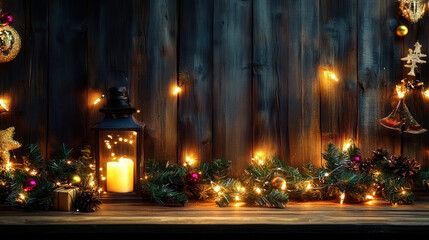 Christmas lights and pine branches, wooden background