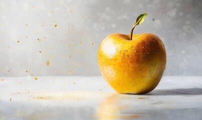 Golden apple with sparkling dust on white surface.