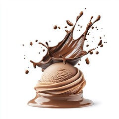 Chocolate ice cream with a circular sauce splash swirl, isolated on a white background, adding a touch of elegance.