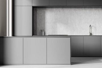 Modern minimalist kitchen with sleek gray cabinetry and concrete backsplash. 3D Rendering