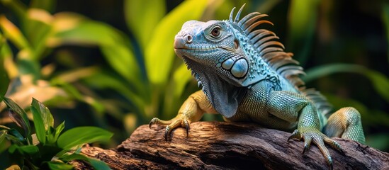 Fototapeta premium A close-up view of a green iguana, perched on a branch, with its head turned towards the viewer, displaying its unique and colorful markings.
