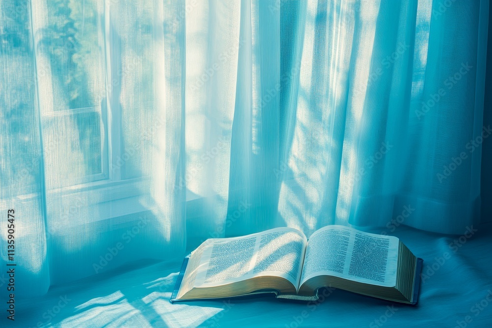 Poster open book on soft fabric near sunlit window with sheer curtains and gentle light reflections creatin