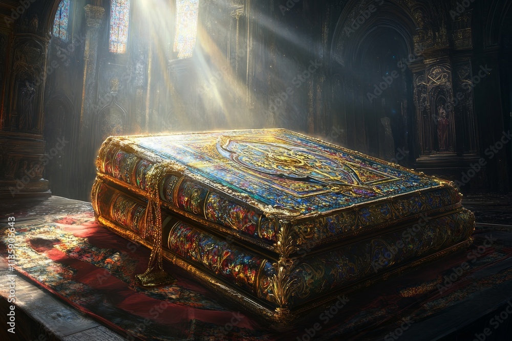 Poster ornate illuminated book resting on an intricate patterned altar with sunlight filtering through stai