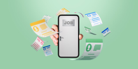 Smartphone displaying a job door held by a hand with floating resumes on a green background.