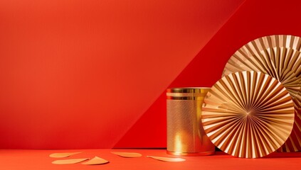 Chinese New Year celebration. Banner design with red paper fans decorations on red background..Chinese New Year celebration. Banner design with red paper fans decorations on red background