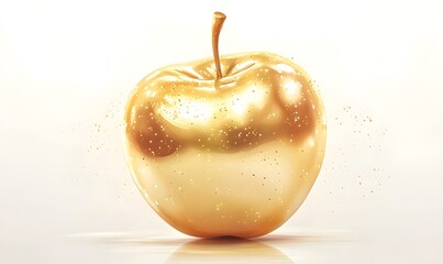 Golden apple with sparkles on white background.
