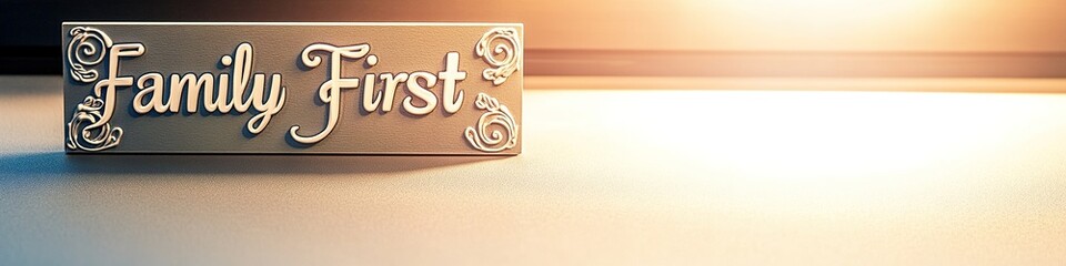 decorative family first sign displayed on smooth matte surface under bright directional light