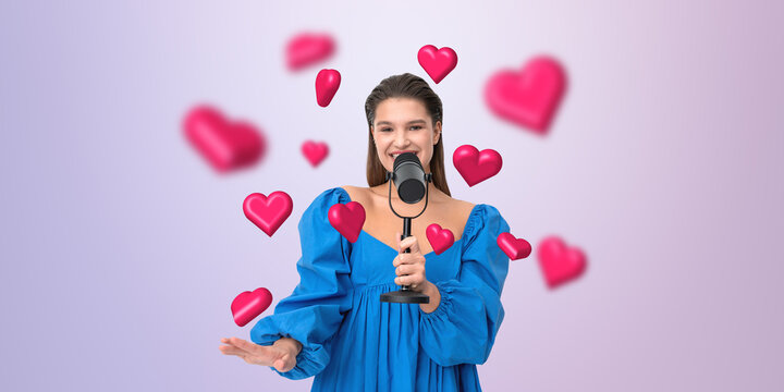 Woman with microphone surrounded by floating hearts on gradient