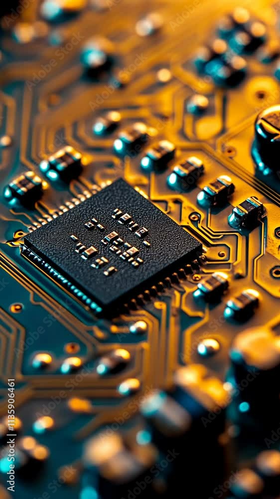 Poster close-up view of a microchip on a circuit board showcasing intricate details and vibrant colors