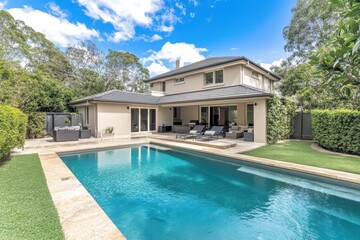 Luxury Backyard Oasis: Stunning Home with Sparkling Pool and Lush Landscaping