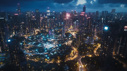 Obraz premium Smart digital Innovation city with connection network reciprocity over the cityscape. of future smart wireless digital city and social media networking systems that connects people with in city
