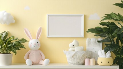 Pastel Nursery Shelf Decor Featuring Stuffed Bunnies and Plants