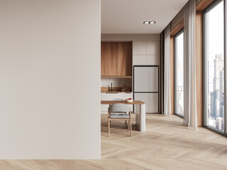 Modern interior space with blank wall next to dining area, wooden flooring, and large windows overlooking cityscape. 3D Rendering