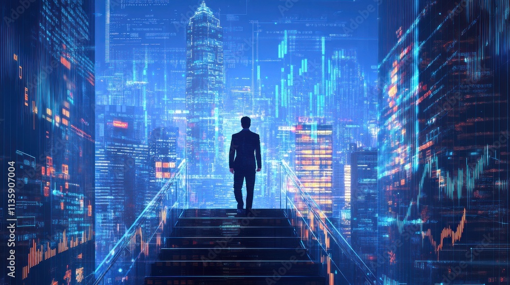 Poster businessman ascending steps towards a futuristic cityscape filled with data streams and graphs.