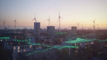 Naklejka premium Futuristic city skyline at sunset with wind turbines and green energy network overlay.