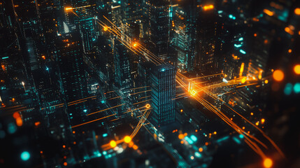 Fototapeta premium Smart digital Innovation city with connection network reciprocity over the cityscape. of future smart wireless digital city and social media networking systems that connects people with in city