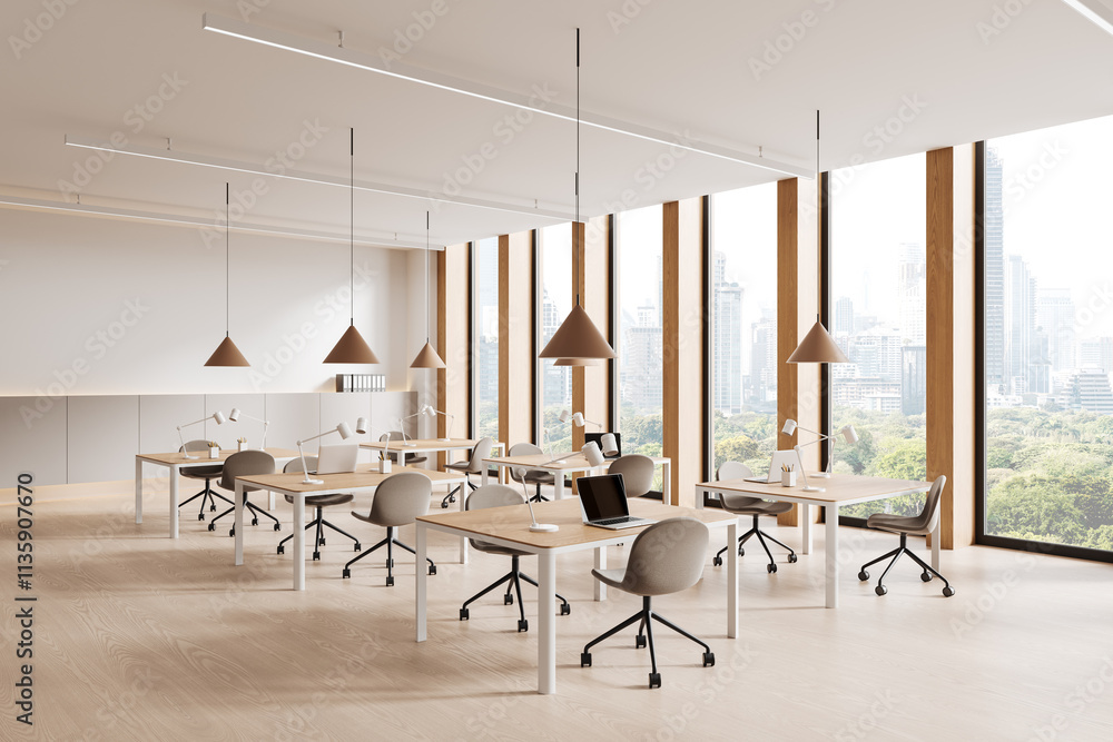 Poster modern open space office interior with wooden elements and bright cityscape view through large windo