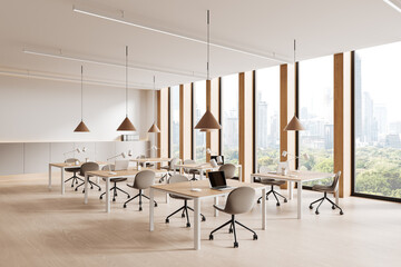 Modern open space office interior with wooden elements and bright cityscape view through large windows. 3D Rendering