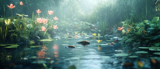 A tranquil pond with lily pads and flowers, surrounded by lush greenery, in the morning light.
