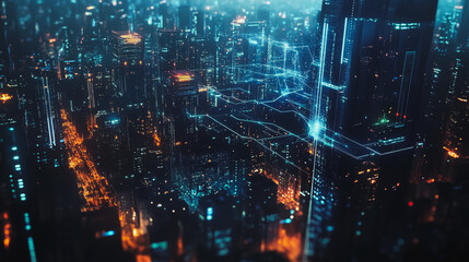 Fototapeta premium Smart digital Innovation city with connection network reciprocity over the cityscape. of future smart wireless digital city and social media networking systems that connects people with in city