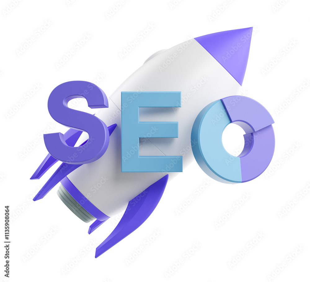 Poster 3d illustration of seo text with rocket and chart elements on white background, symbolizing optimiza