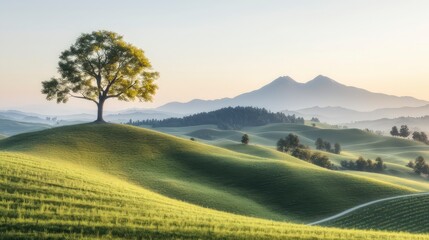 Obraz premium Serene Hillside Landscape Tree Rolling Hills Mountains Sunrise