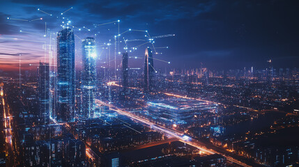 Fototapeta premium Smart digital Innovation city with connection network reciprocity over the cityscape. of future smart wireless digital city and social media networking systems that connects people with in city