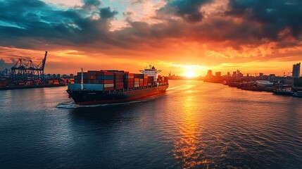 Obraz premium Cargo ship at sunset. Global trade and logistics concept.