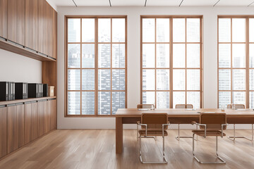 Modern conference room with large windows and wooden furniture in an office setting. 3D Rendering